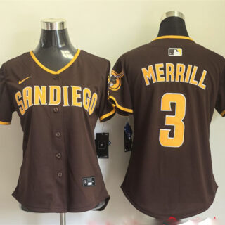 Women's San Diego Padres #3 Jackson Merrill Brown Away Stitched Baseball Jersey(Run Small)
