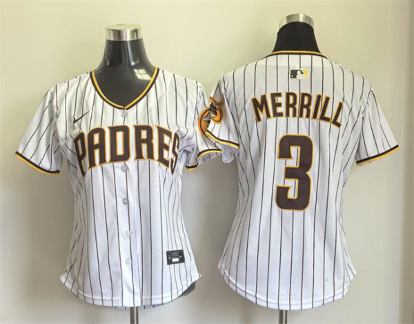 Women's San Diego Padres #3 Jackson Merrill White Home Limited Stitched Baseball Jersey(Run Small)