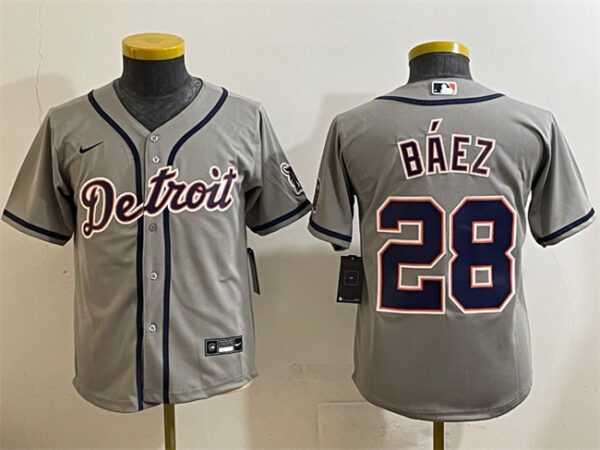 Youth Detroit Tigers #28 Javier Baez Grey Cool Base Stitched Baseball Jersey