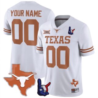 Custom Texas Longhorns Jersey Name and Number Texas State and Throwing Up The H Patch White