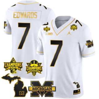 Donovan Edwards Jersey #7 Michigan Wolverines 2023 Big Ten Back to Back Champions Patch White Gold
