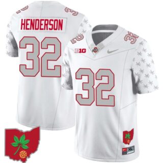 TreVeyon Henderson Jersey #32 Ohio State Buckeyes Football Stitched Ohio Map Patch White Special