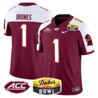 Kyron Drones Jersey #1 Virginia Tech Hokies 2025 Duke's Mayo Bowl Patch Maroon Alternate