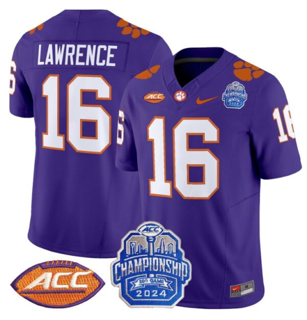 Trevor Lawrence Jersey #16 Clemson Tigers 2024 ACC Championship Patch Purple