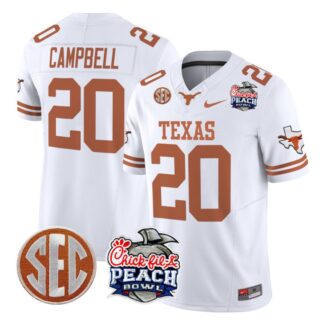 Earl Campbell Jersey #20 Texas Longhorns Peach Bowl Patch Vapor White