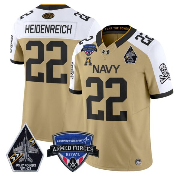 Eli Heidenreich Jersey #22 Navy Midshipmen 2025 Armed Forces Bowl Gold Alternate