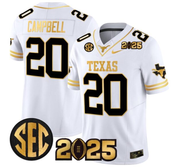 Earl Campbell Jersey #20 Texas Longhorns 2025 CFP Final Patch White Gold