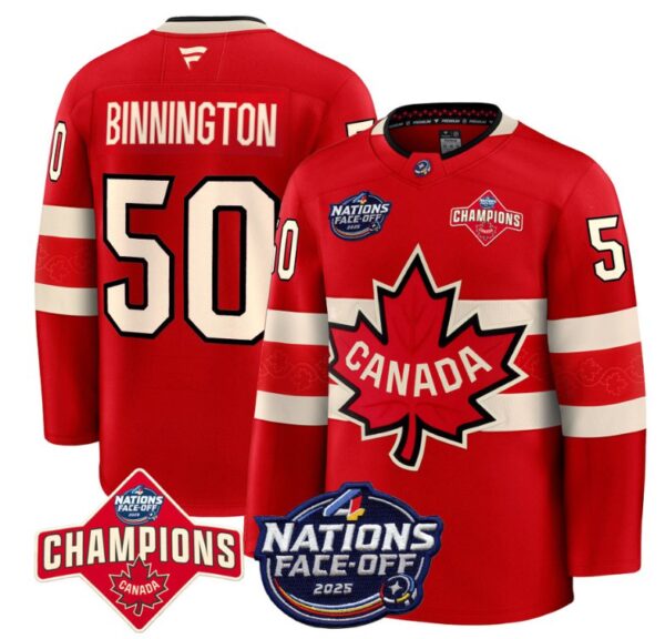 Men's Jordan Binnington Jersey #50 Canada 2025 4 Nations Face-Off 2025 Champions Red