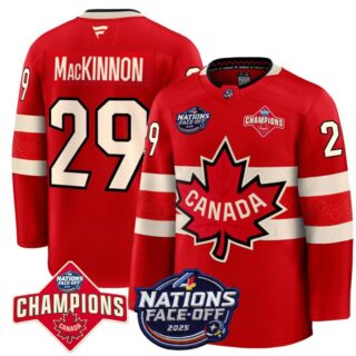 Men's Nathan MacKinnon Jersey #29 Canada 2025 4 Nations Face-Off 2025 Champions Red