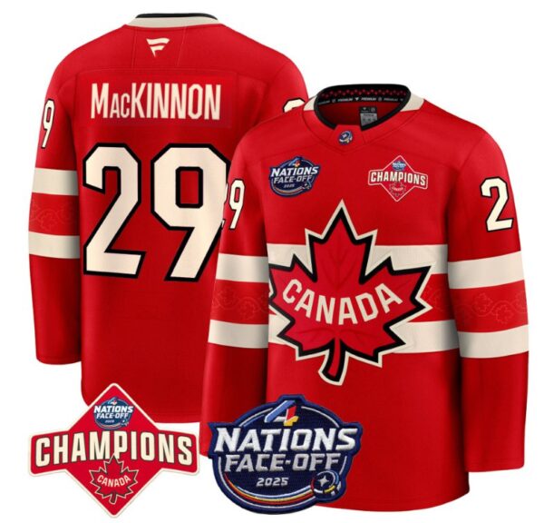Men's Nathan MacKinnon Jersey #29 Canada 2025 4 Nations Face-Off 2025 Champions Red