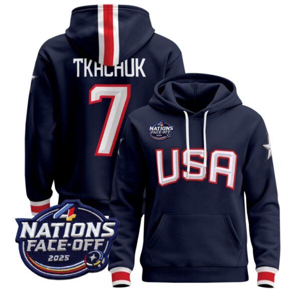 Men Brady Tkachuk Hoodie #7 USA 2025 4 Nations Face-Off 2025 Pullover Stitched Navy