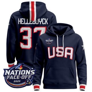 Men Connor Hellebuyck Hoodie #37 USA 2025 4 Nations Face-Off 2025 Pullover Navy