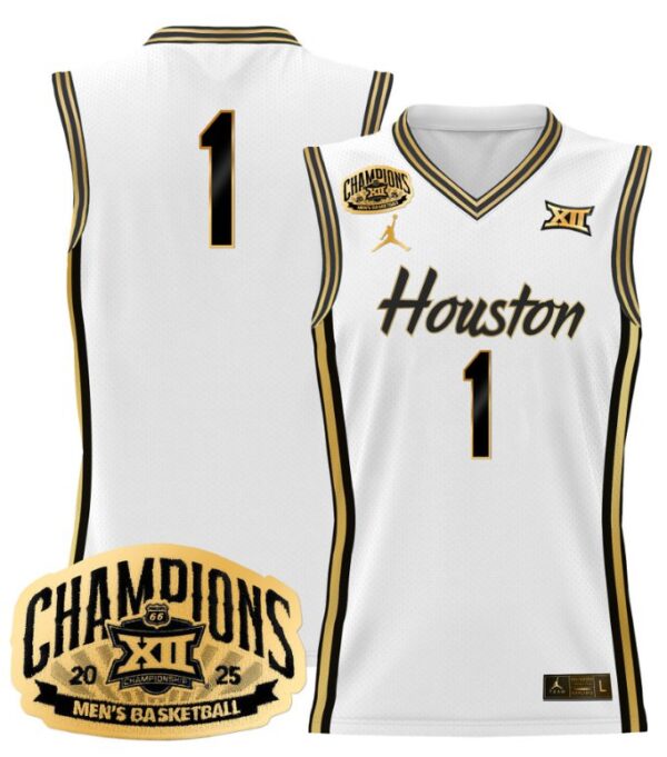 Team Jersey #1 Houston Cougars 2025 Big 12 Champions Stitched White Gold