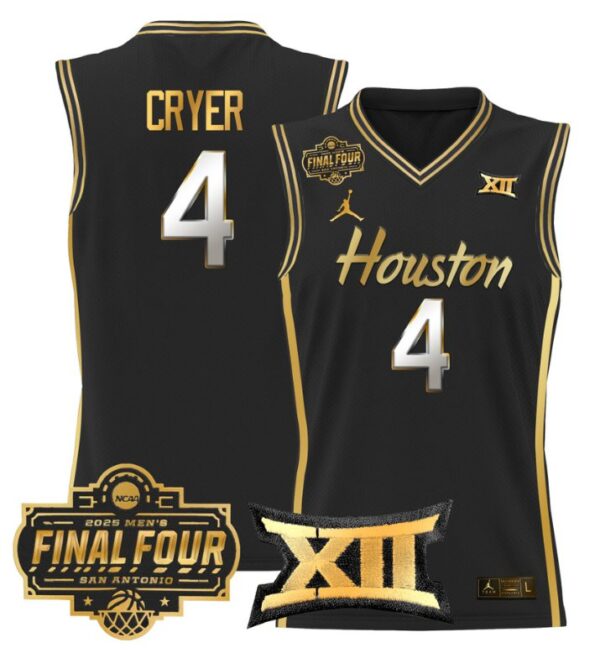 L.J. Cryer Jersey #4 Houston Cougars 2025 Final Four Patch Stitched Black Gold