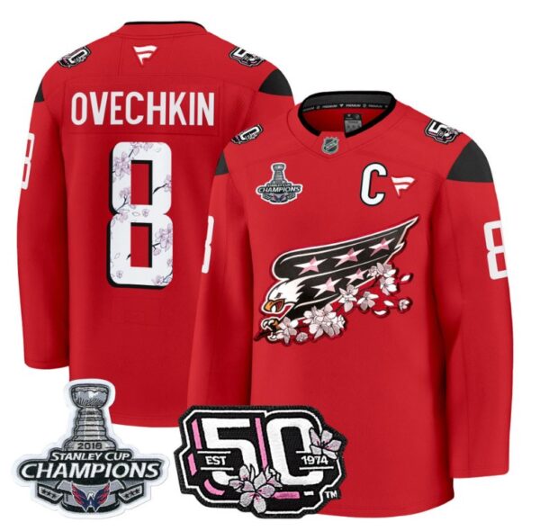 Alex Ovechkin Jersey #8 Washington Capitals 50th 2018 Stanley Cup Champions Patch Red