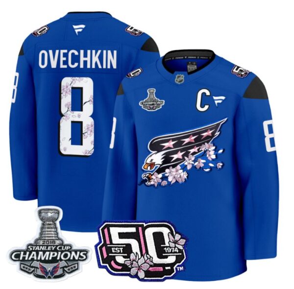 Alex Ovechkin Jersey #8 Washington Capitals 50th 2018 Stanley Cup Champions Patch Royal