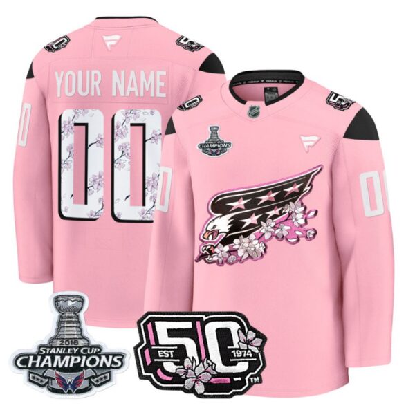 Custom Washington Capitals Jersey 50th Anniversary & 2018 Stanley Cup Champions Patch Cherry Blossom