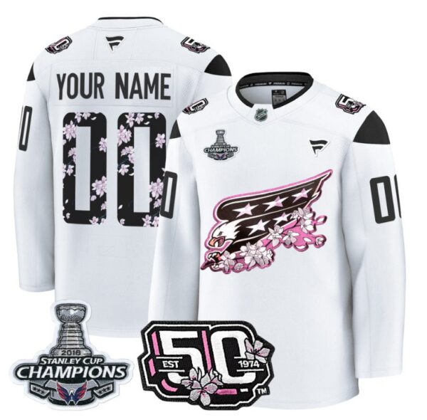 Custom Washington Capitals Jersey 50th Anniversary & 2018 Stanley Cup Champions Patch White