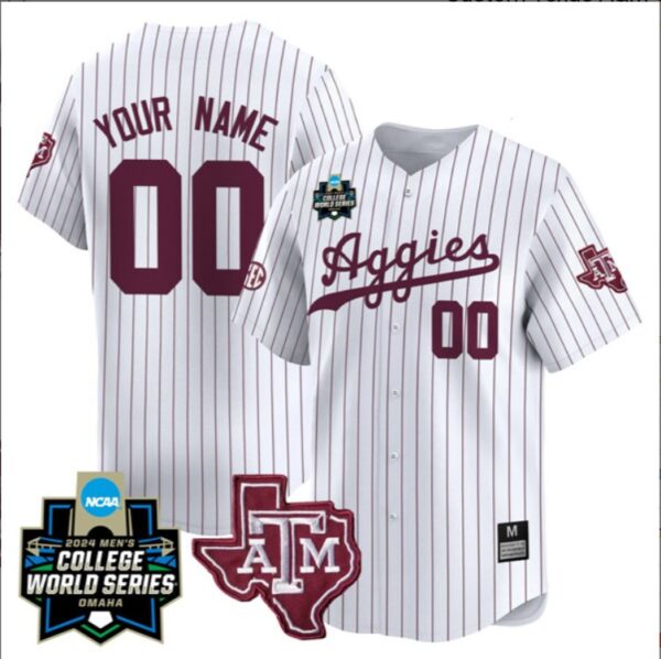 Custom Texas A&M Aggies College Baseball World Series White Pinstripe Jersey Stitched