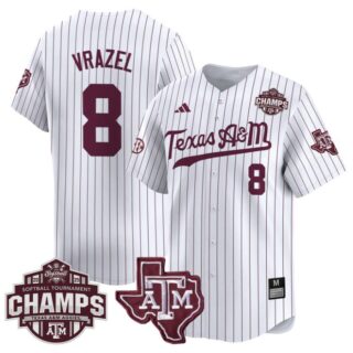Frankie Vrazel Jersey #8 Texas A&M Aggies 2025 SEC Champions Patch Limited Stitched White Pinstripe