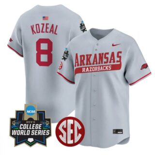 Cam Kozeal Jersey #8 Arkansas Razorbacks 2025 World Series Stitched Gray