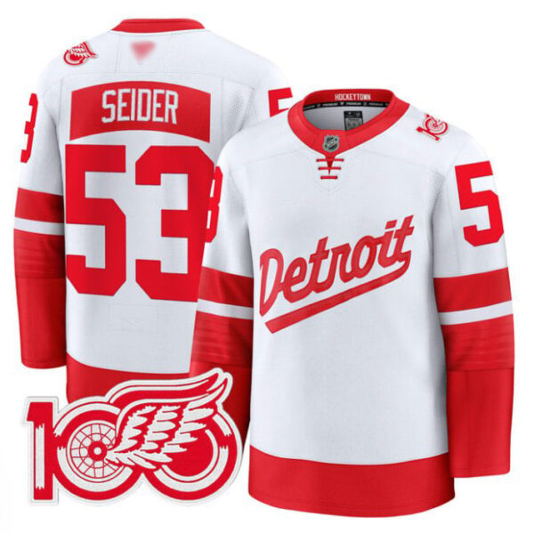 Moritz Seider Jersey #53 Detroit Red Wings 100th Anniversary Stitched Stadium