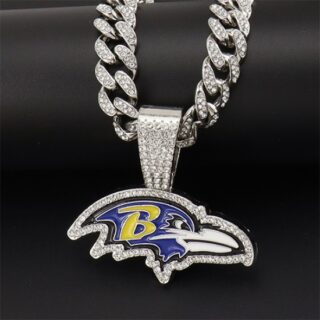 Baltimore Ravens oil football team head NFL pendant Cuban chain necklace Male hip hop style collarbone chain choker-Silver 20inch