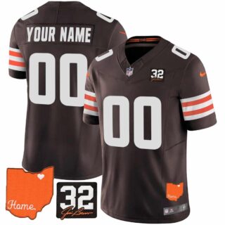 Custom Men's Cleveland Browns #32 Jim Brown Memorial & Home Patch Vapor Limited Jersey All Stitched Brown