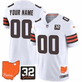 Custom Men's Cleveland Browns #32 Jim Brown Memorial & Home Patch Vapor Limited Jersey All Stitched White