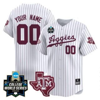 Custom Texas AM Aggies Jersey 2024 College World Series Vapor Premier Limited NCAA Baseball Stitched White Pinstripe
