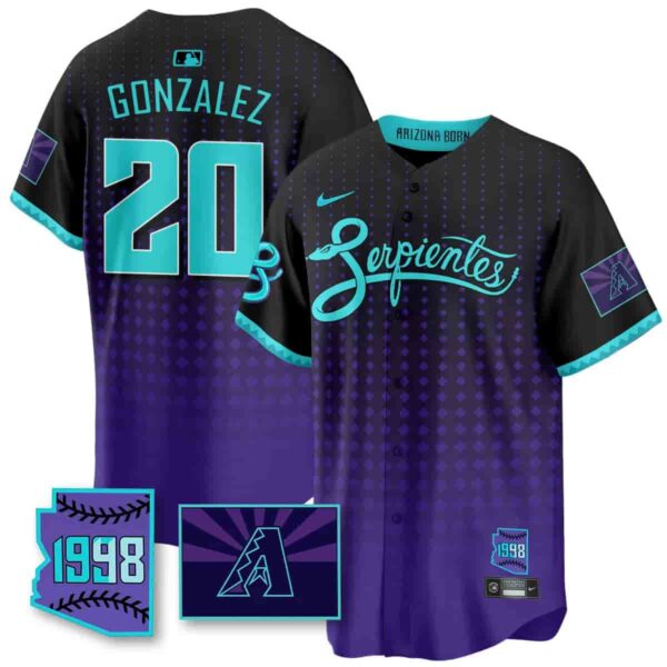 Men's Arizona Diamondbacks Purple for Second ??Serpientes?? City Connect Jersey All Stitched Luis Gonzalez #20