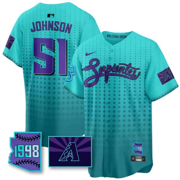 Men's Arizona Diamondbacks Purple for Second ??Serpientes?? City Connect Jersey All Stitched Randy Johnson #51