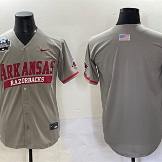 Men's Arkansas Razorbacks Blank Grey 2025 World Series & SEC Patch Stitched Jersey