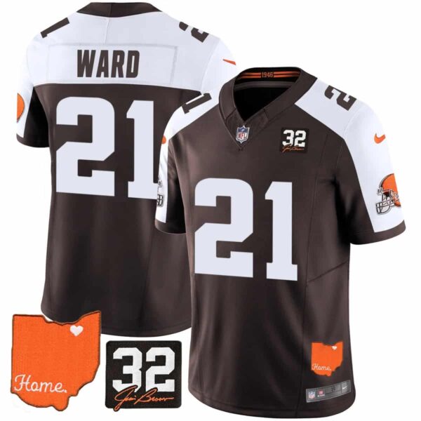 Men's Cleveland Browns #32 Jim Brown Memorial & Home Patch Vapor Limited Jersey All Stitched Denzel Ward