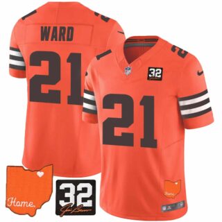 Men's Cleveland Browns #32 Jim Brown Memorial & Home Patch Vapor Limited Jersey All Stitched Denzel Ward 21