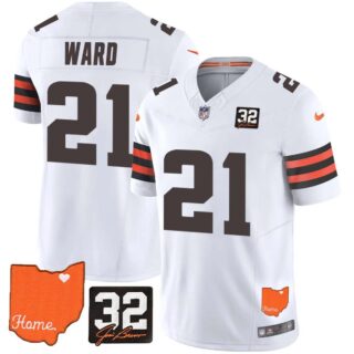 Men's Cleveland Browns #32 Jim Brown Memorial & Home Patch Vapor Limited Jersey All Stitched Denzel Ward 21