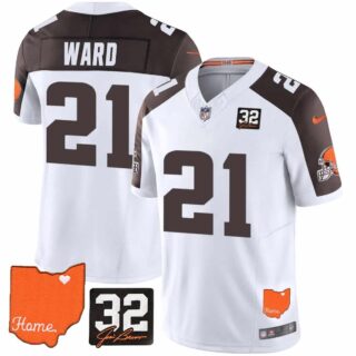 Men's Cleveland Browns #32 Jim Brown Memorial & Home Patch Vapor Limited Jersey All Stitched Denzel Ward #21