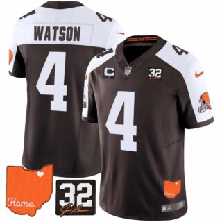 Men's Cleveland Browns #32 Jim Brown Memorial & Home Patch Vapor Limited Jersey All Stitched Deshaun Watson