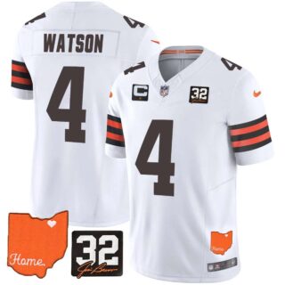 Men's Cleveland Browns #32 Jim Brown Memorial & Home Patch Vapor Limited Jersey All Stitched Deshaun Watson 4