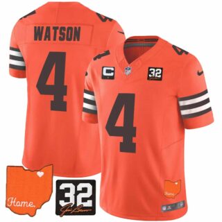 Men's Cleveland Browns #32 Jim Brown Memorial & Home Patch Vapor Limited Jersey All Stitched Deshaun Watson 4