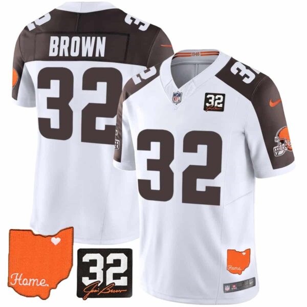 Men's Cleveland Browns #32 Jim Brown Memorial & Home Patch Vapor Limited Jersey All Stitched Jim Brown #32