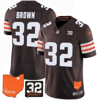 Men's Cleveland Browns #32 Jim Brown Memorial & Home Patch Vapor Limited Jersey All Stitched Jim Brown 32