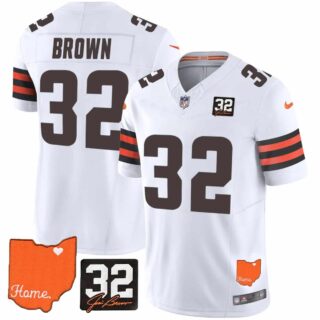Men's Cleveland Browns #32 Jim Brown Memorial & Home Patch Vapor Limited Jersey All Stitched Jim Brown 32