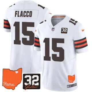Men's Cleveland Browns #32 Jim Brown Memorial & Home Patch Vapor Limited Jersey All Stitched Joe Flacco 15