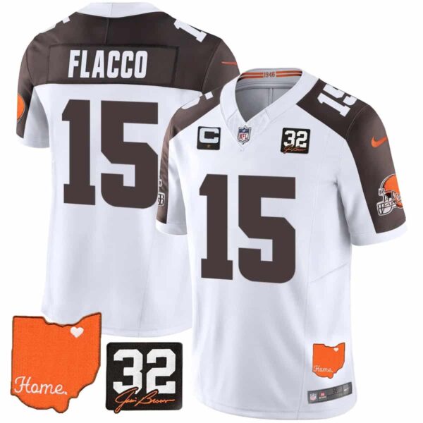 Men's Cleveland Browns #32 Jim Brown Memorial & Home Patch Vapor Limited Jersey All Stitched Joe Flacco #15