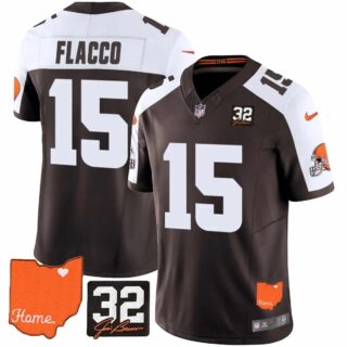 Men's Cleveland Browns #32 Jim Brown Memorial & Home Patch Vapor Limited Jersey All Stitched Joe Flacco