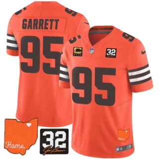 Men's Cleveland Browns #32 Jim Brown Memorial & Home Patch Vapor Limited Jersey All Stitched Myles Garrett 95