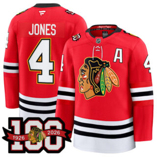 Men's Chicago Blackhawks #4 Seth Jones Red 2025 Home 100th Anniversary With A Patch Stitched Hockey Jersey