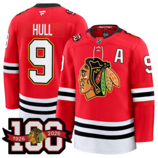 Men's Chicago Blackhawks #9 Bobby Hull Red 2025 Home 100th Anniversary Stitched Hockey Jersey