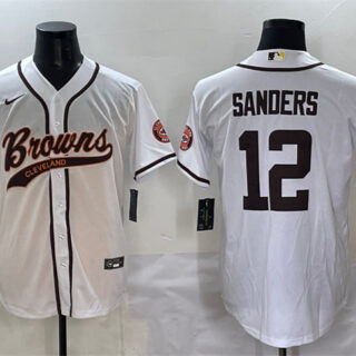 Men's Cleveland Browns #12 Shedeur Sanders White With Patch Cool Base Stitched Baseball Jersey